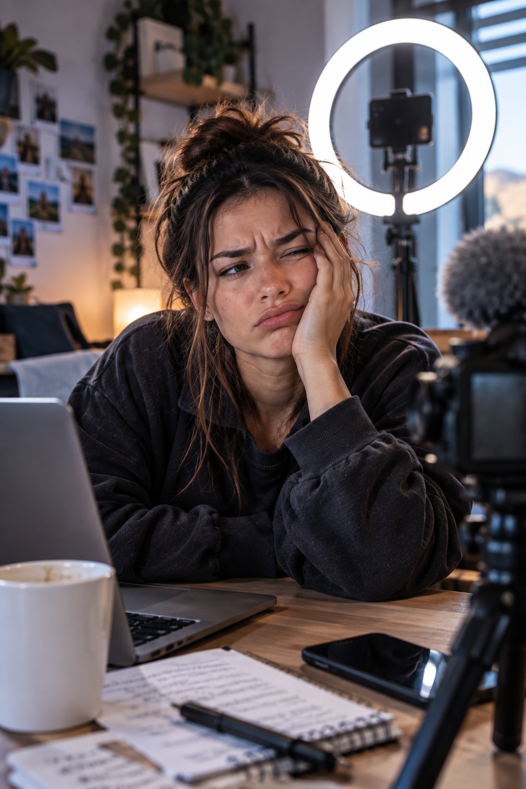 Erschöpfte UGC-Creatorin sitzt vor Laptop, Ringlicht und Kamera-Equipment